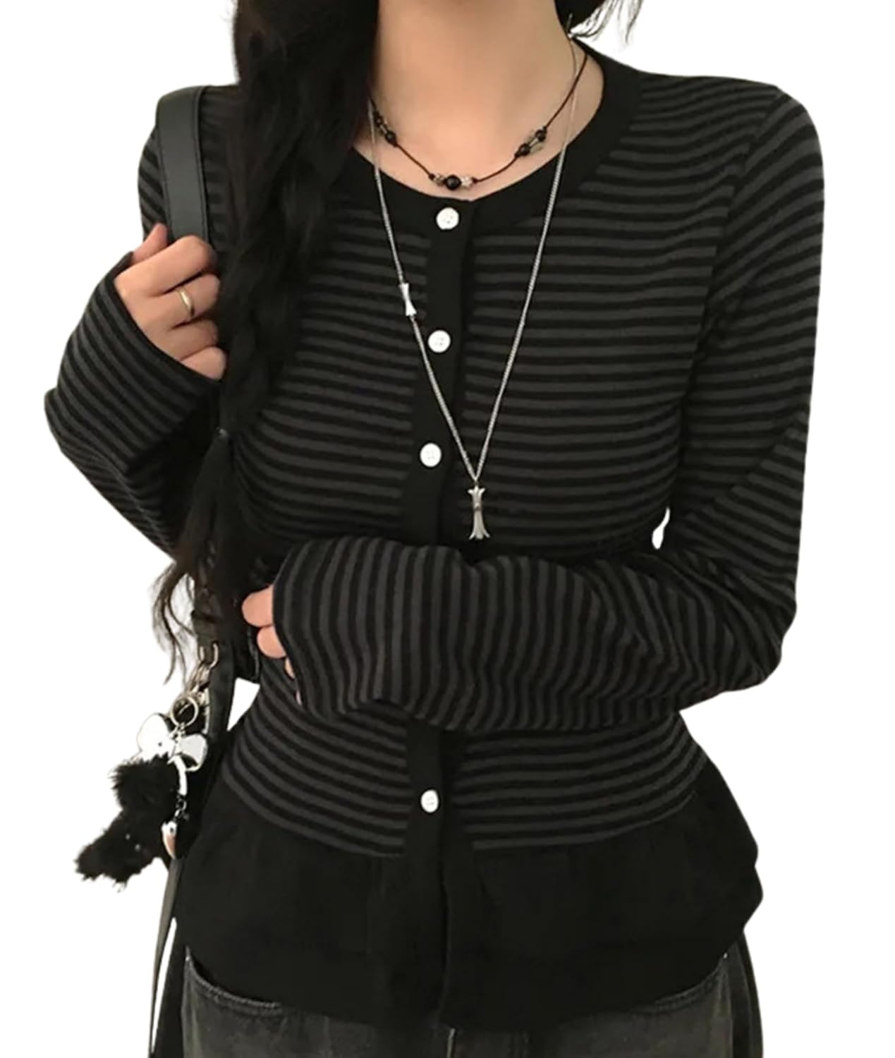 BAIMORE Womens Fashion Sweet Y2k Striped Ruffle Hem Button Slim Fit Cardigan Top Suitable for Going Out