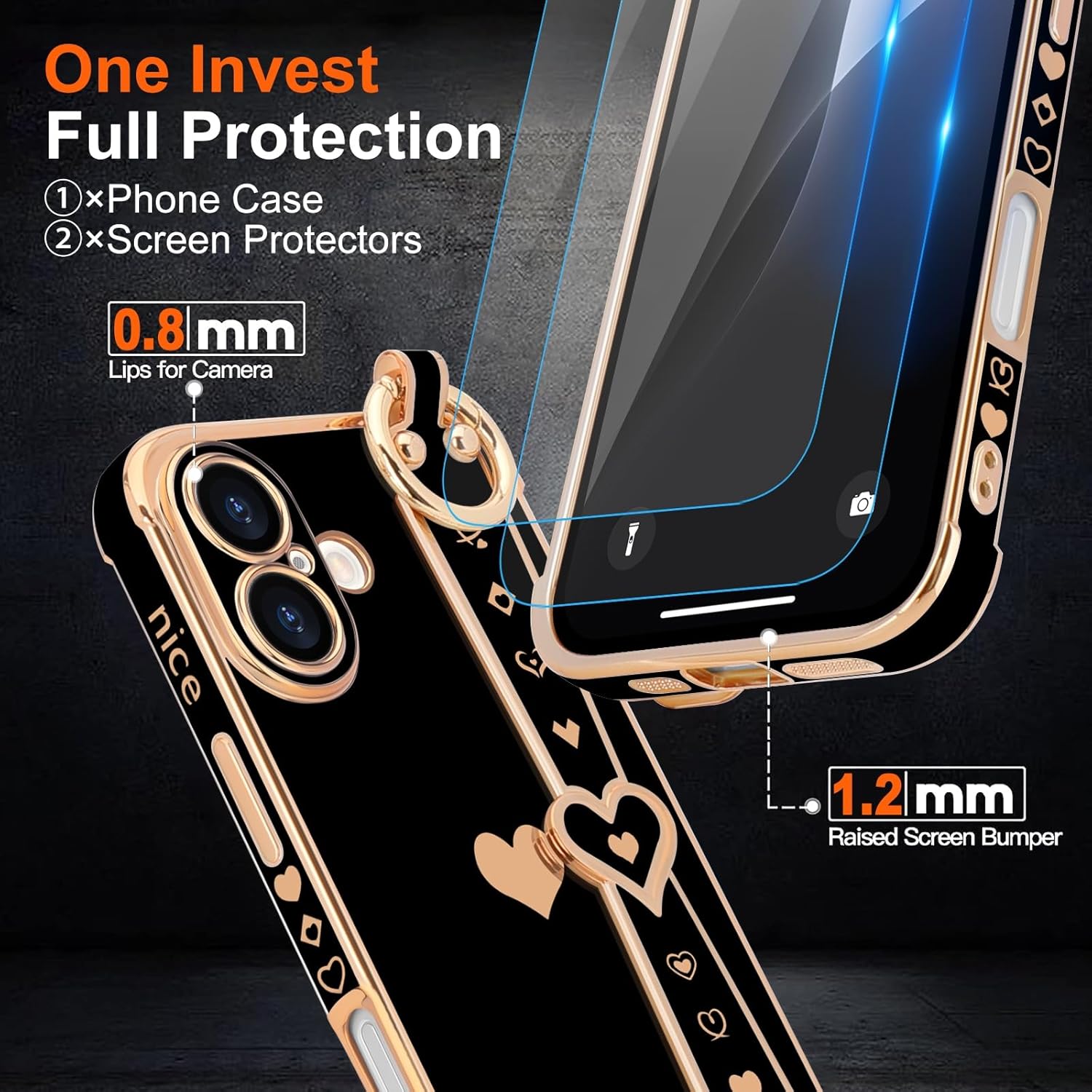 Compatible with iPhone 16 Case with Strap for Women Girls [2× Screen Protectors], Cute Love-Hearts Design, Wristband Kickstand Luxury Plating Edge Protective Phone Case (6.1") - Black - Image 5