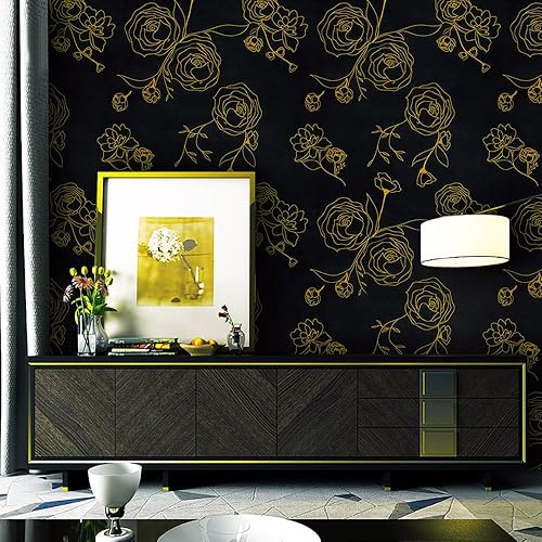 Miniatura 6 de Safiyya Gold and Black Wallpaper Floral Contact Paper Peel and Stick Wallpaper Removable Boho Wallpaper Flower Contact Paper for Cabinets and Walls