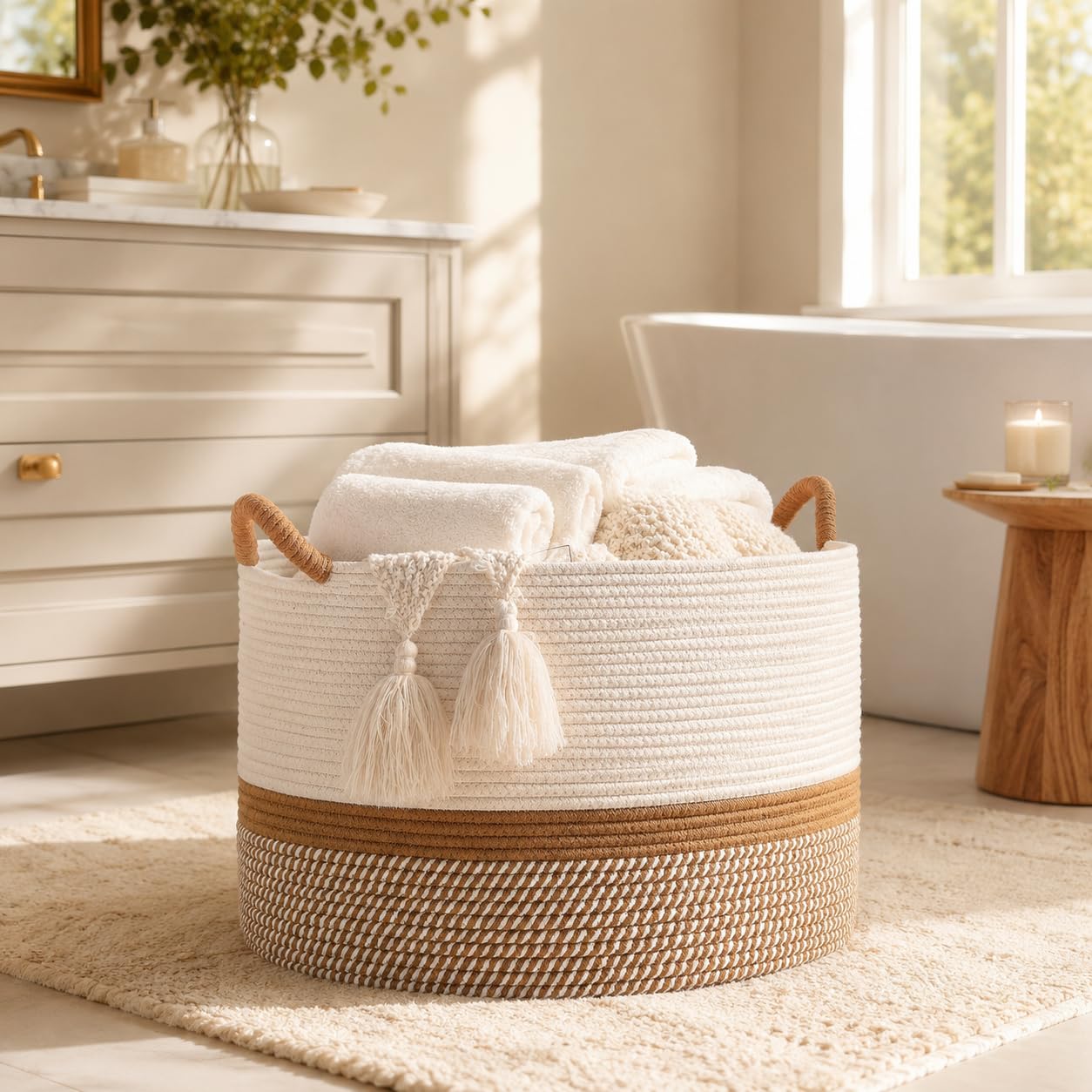 KAKAMAY Grande cesto per coperte (50,8 x 33 cm), cesto portabiancheria in corda di cotone, per soggiorno, lavanderia, asilo, cuscini, giocattoli per bambini (bianco/marrone)
