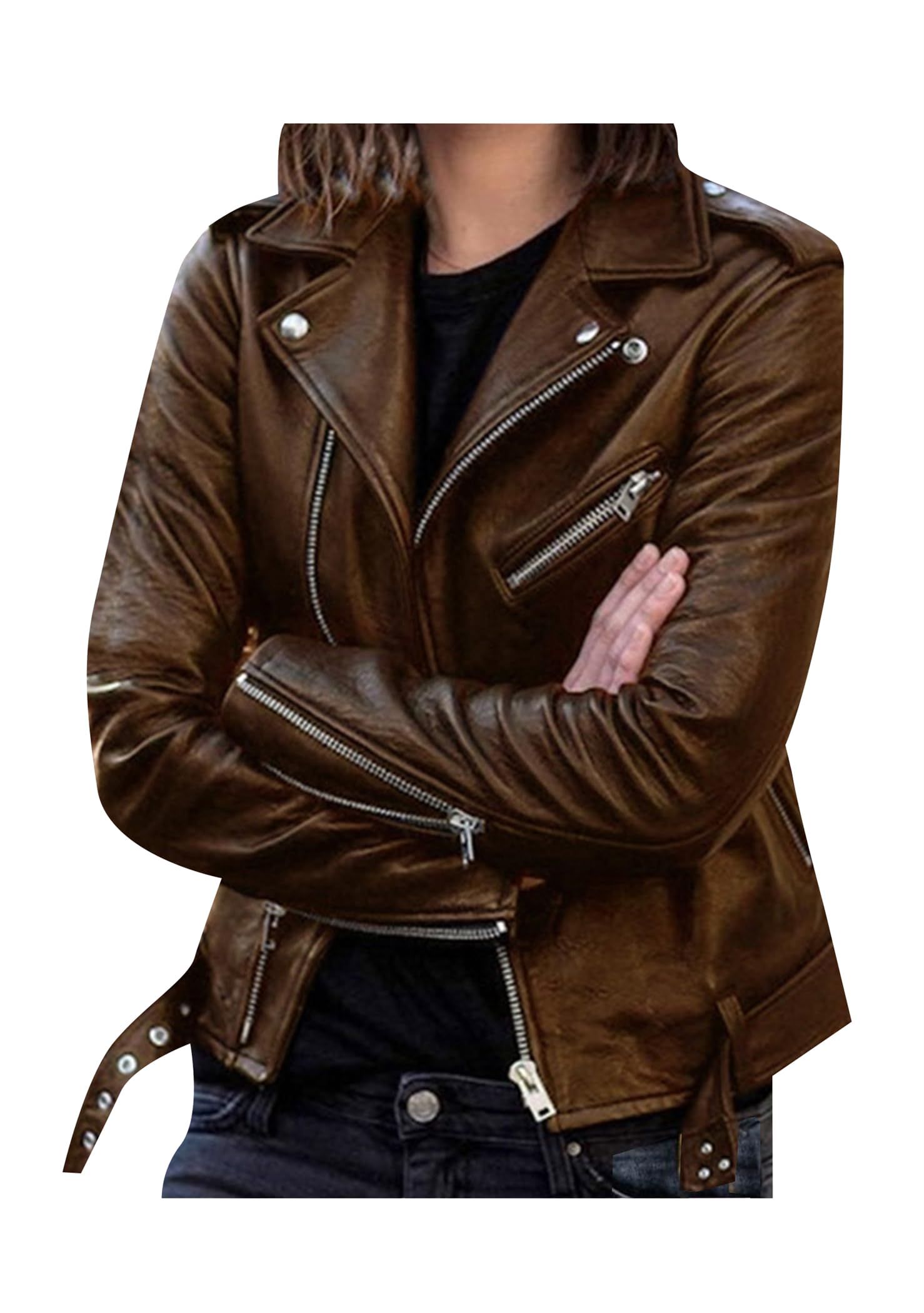 OMZIN Damen Klassische Kunstleder Jacke Notch Lapel Metallic PU Mäntel Mit Taschen