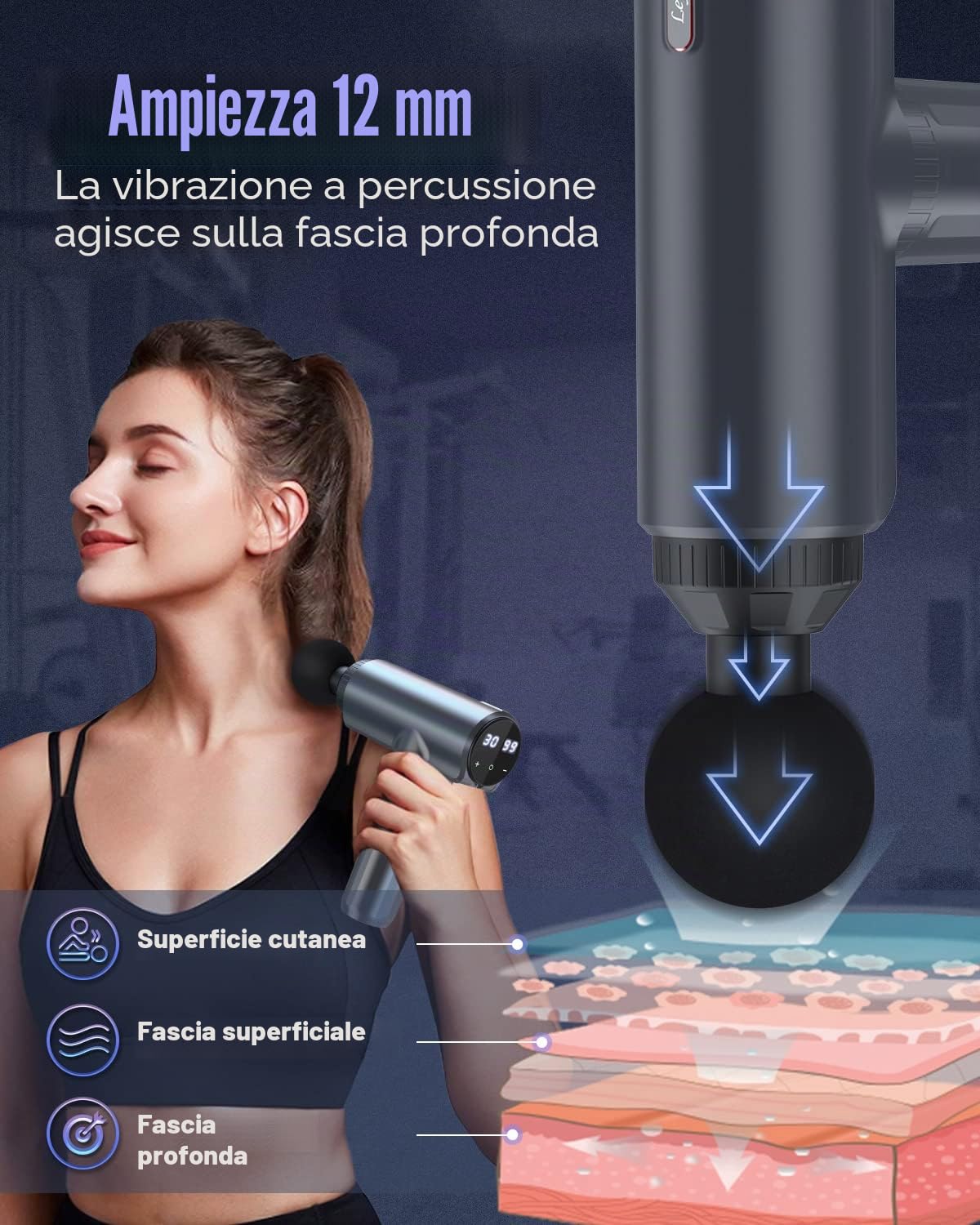 Pistola massaggio muscolare,Pistola massaggiante Massaggiatore profondo con 30 velocità e 6 testine Massaggiatore manuale con porta di ricarica USB C