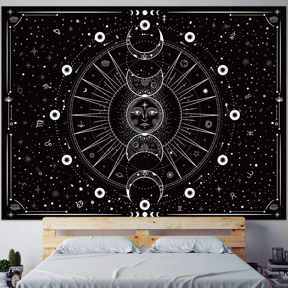 OZCHIN Tapestry Wall Hanging Stars Space Psychedelic Black and White