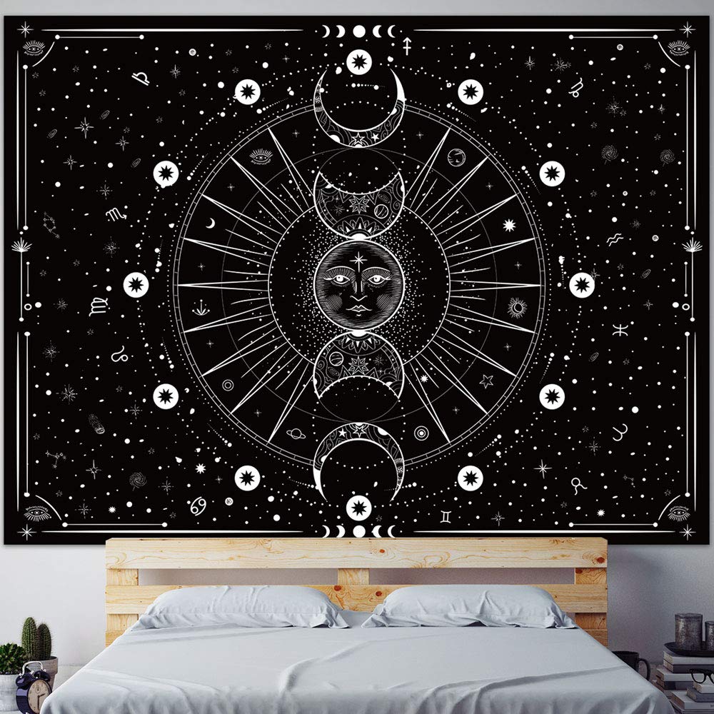 Sun Moon Tapestry Wall Hanging Stars Space Psychedelic Black and White Tapestries Wall Tapestry for Home Decor for Bedroom, Living Room, Dorm (Black, 130x150 cm)