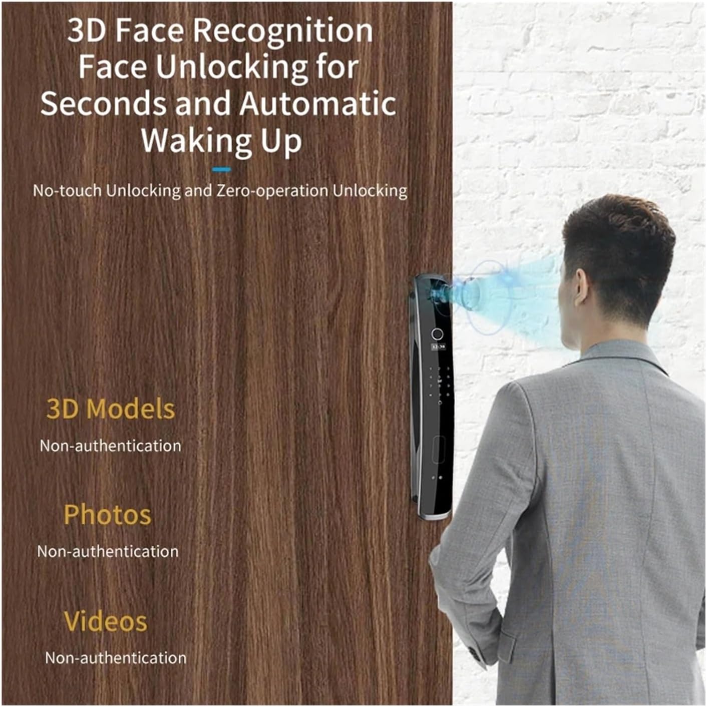 Illustration of 3D face recognition unlocking, showing a person's face being scanned by the smart lock.
