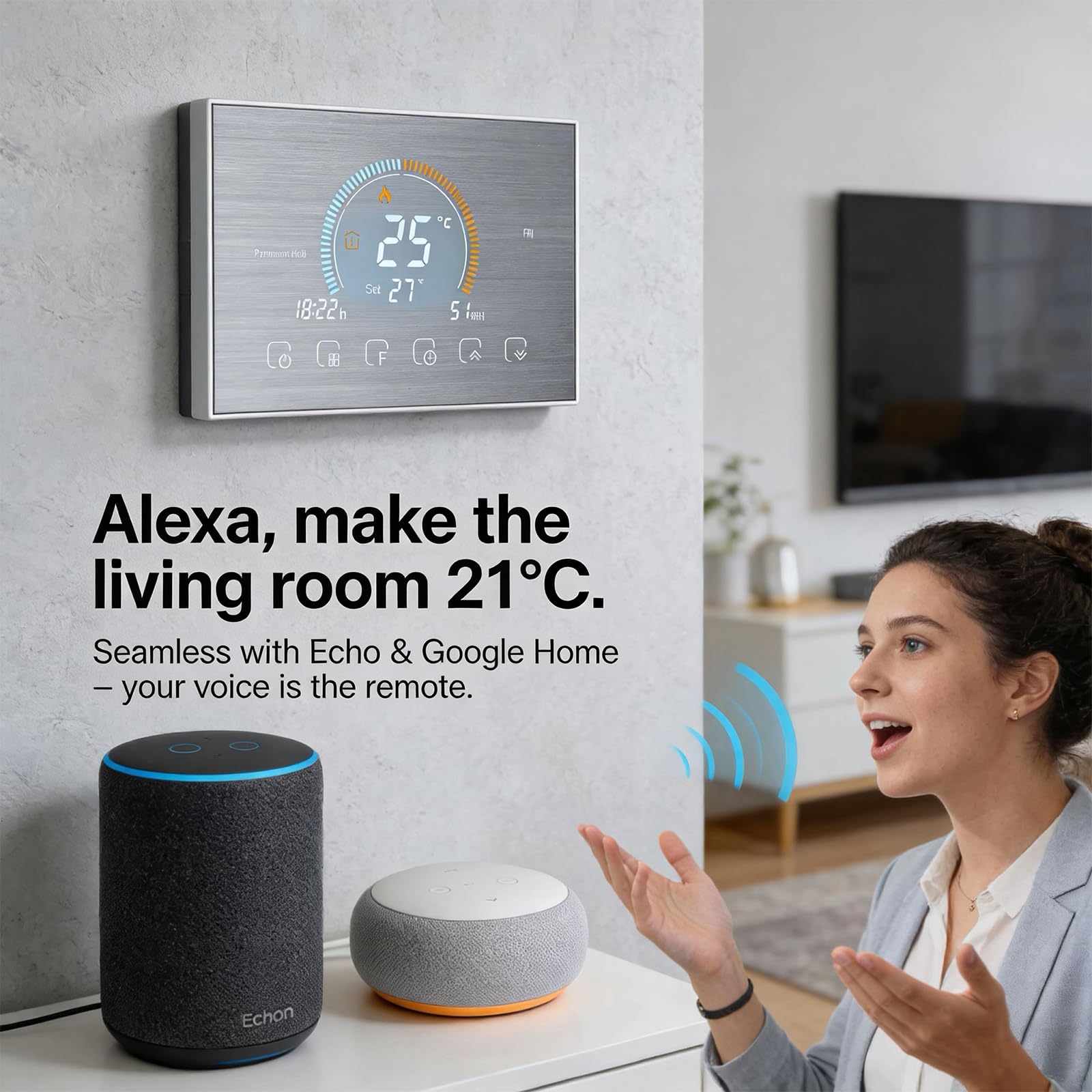 Termostato Acqua WiFi Programmabile, Display Meteo UV Umidità | Montaggio Parete 5A 95-245VAC, compatibile Alexa e Google Home, regolatore programmabile riscaldamento acqua