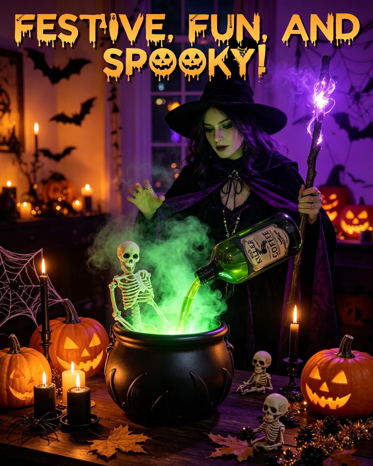 Calderone Decorazione Halloween Interni con Generatore Nebbia & Scheletro