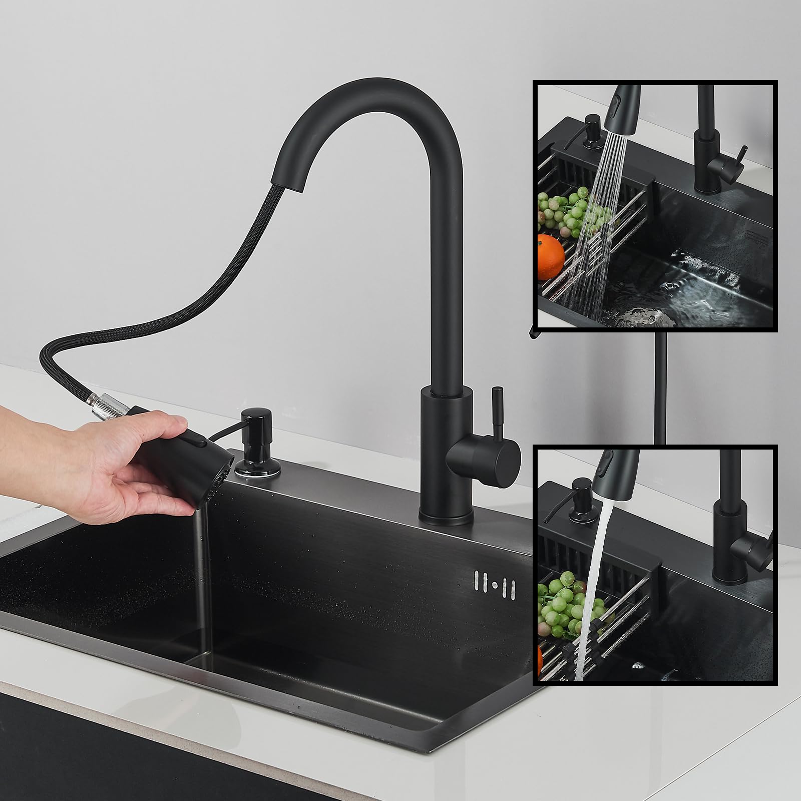 Waschbecken Küche Schwarz Multifunktionale Küchenspüle mit Ausziehbarer Auslauf Seifenspender Reinwasserauslauf und komplettem Installationsset 1 Becken 55 * 45 * 20 cm Edelstahl