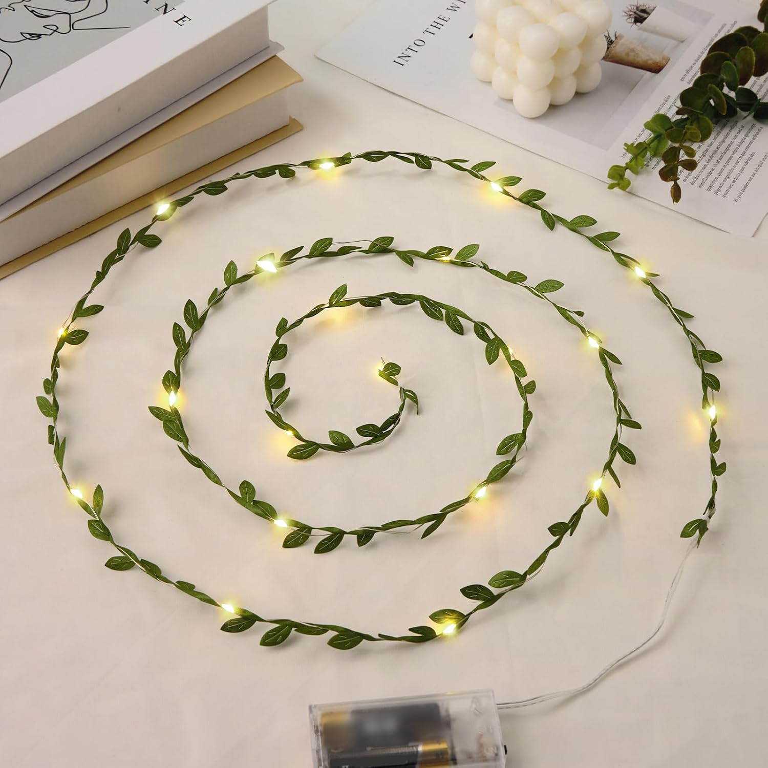 Gold Leaf String Lights Battery Operated 20LED 6.56ft, 2 Pack | Fairy Lights with Leaves Vines for Bedroom, Garland Hanging Light for Room Decor Party Wedding Dorm