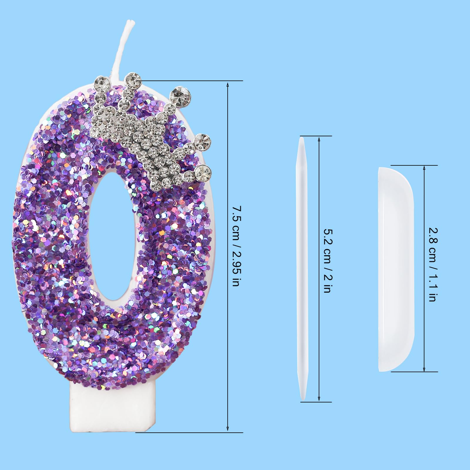 Velas con números de cumpleaños, velas de cumpleaños de corona morada para pastel, vela con purpurina número 0 con lentejuelas para suministros de celebración de aniversario (número 0)
