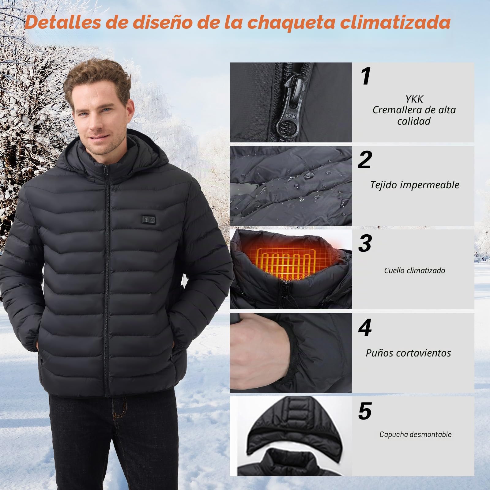 Chaqueta Calefactable Adecuado Para Hombres,con Temperatura Ajustable Chaquetas calefactora con 5 Zonas Ideal para Acampar Actividades al Aire Libre invierno(Negro Herren, XL)