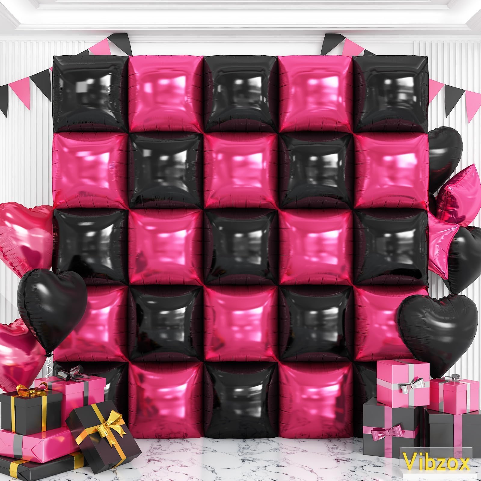Pink and Black Square Foil Balloons Wall, Double Sided Chrome Hot Pink Black Balloons Tunnel Arch Kit Backdrop for Girl Birthday Party Wedding Engagement DIY Hula Hoop Decorations