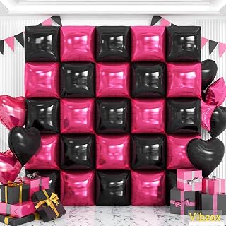 Hot Pink and Black Square Foil Balloons, Balloon Wall Backdrop for Party
