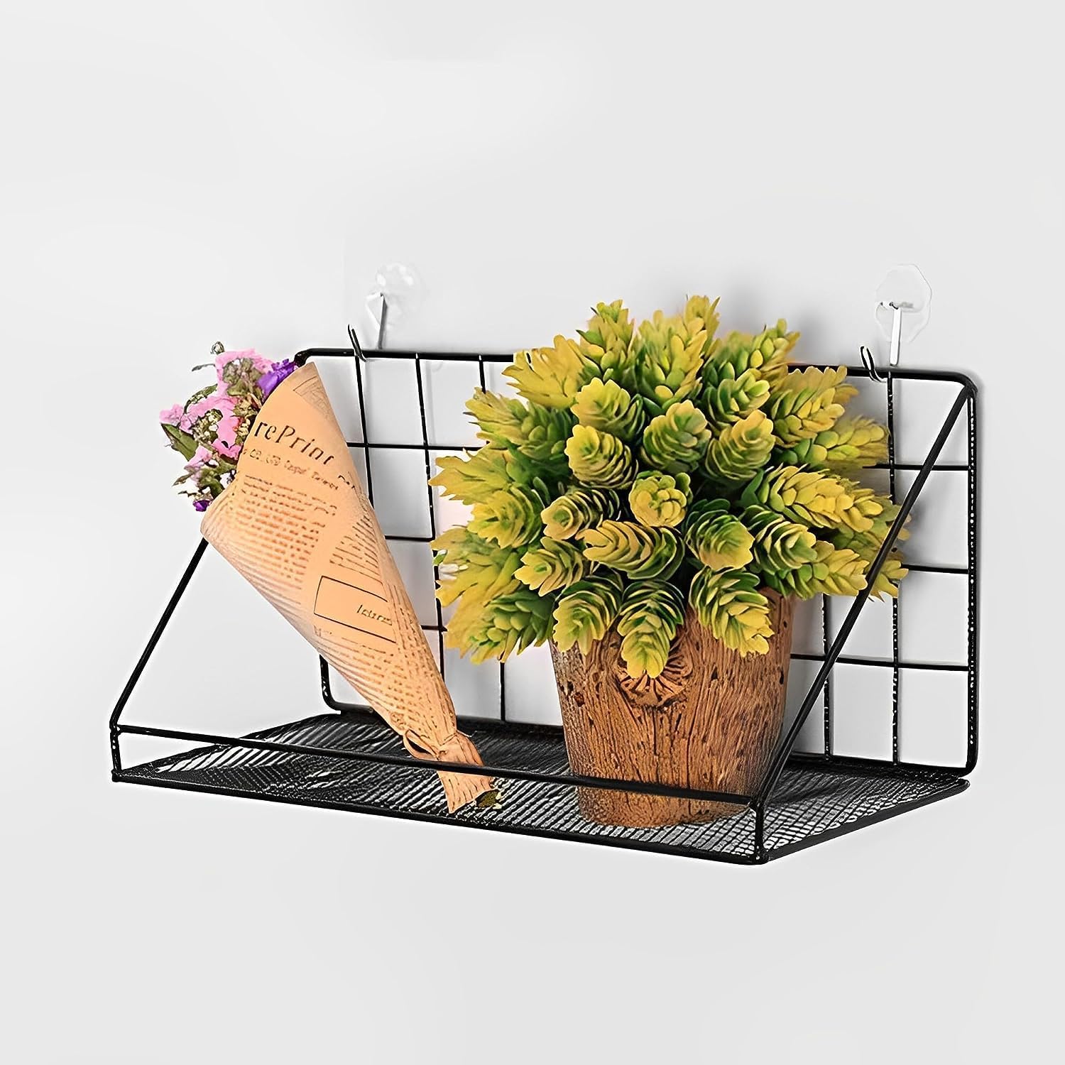 Multiple Self-Adhesive Wall Mounted Metal Wire Home Decor Storage Shelves Flower Plant Display Racks Kitchen Storage Rack Organizer Bedroom Home (Black)