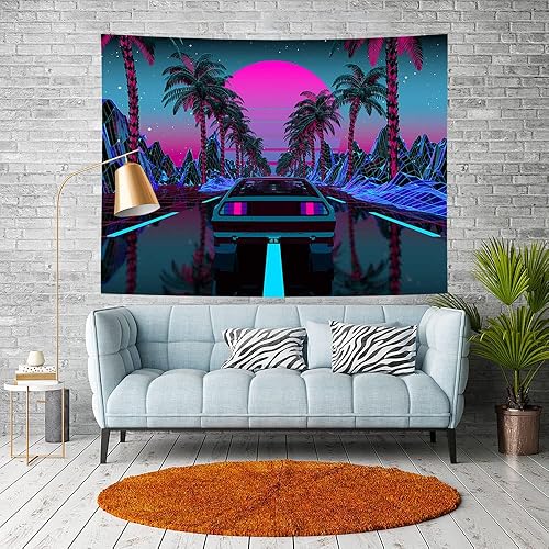 Ine Ive Tapiz de coche de los años 80, escena urbana de la calle, palmeras, puesta de sol, cielo estrellado, tapiz de pared punk, 40 x 30 pulgadas