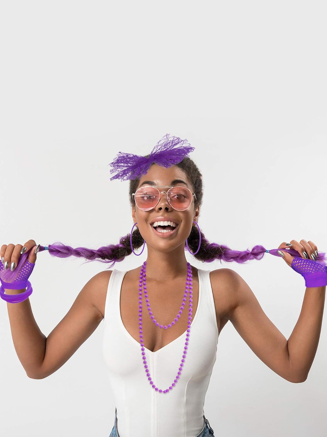 Blulu 80s Costume Accessories for Women Lace Headband Earrings Fishnet Gloves Necklace Bracelet for 80s Retro Party - Image 5