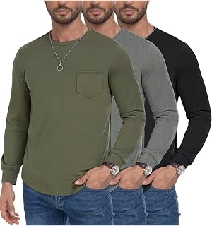 3 Pack Men's Long Sleeve Pure Cotton T-Shirt Crewneck Pocket Tee Longline Casual Lightweight Fall Basic Shirts