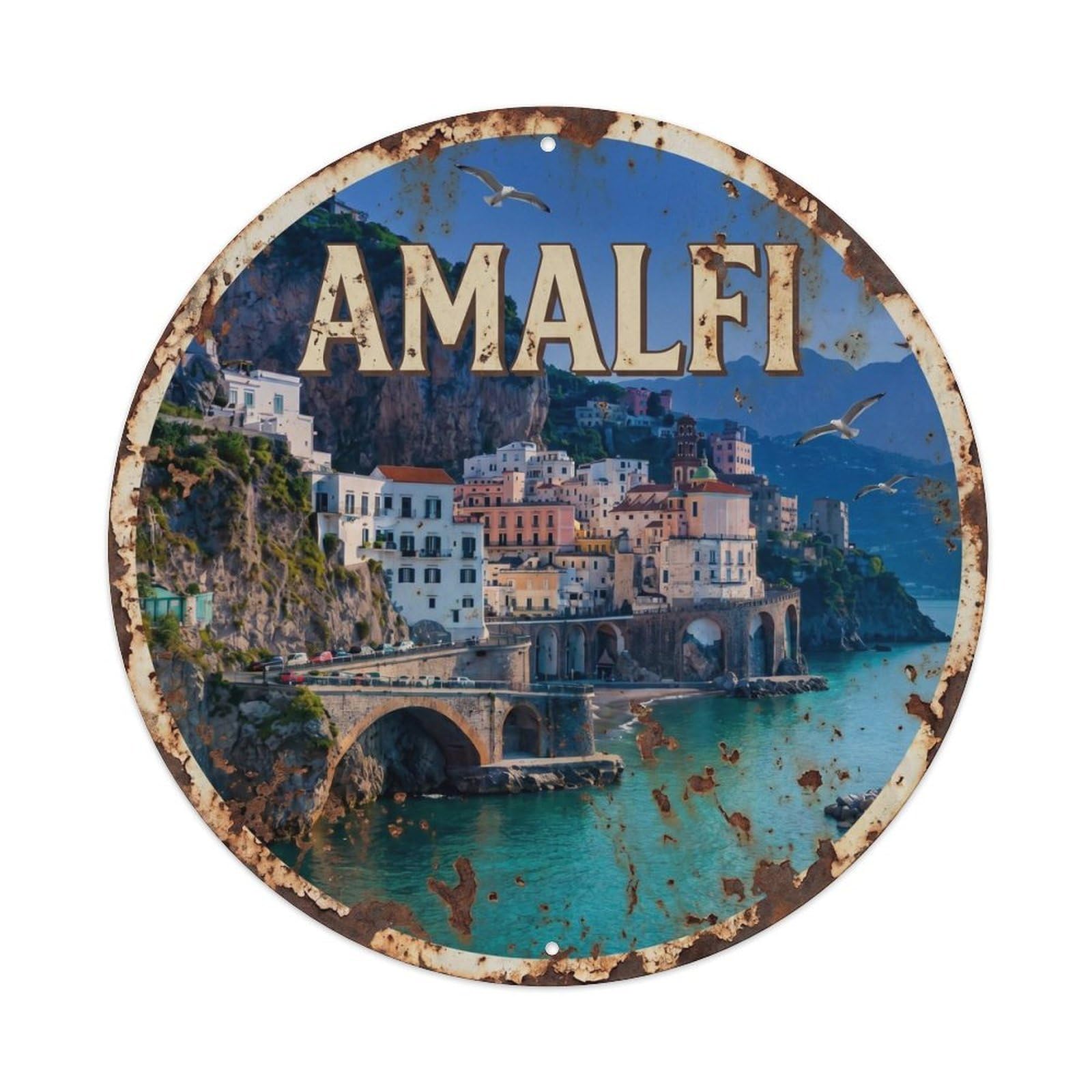 Italian Coast Seagull Journey Amalfi Classic Travel Heritage Metal Tin Sign Plaque Wall Decor for Cafe, Man Cave, Club Bar, Office, Home Garden Round Metal Poster 8x8Inch