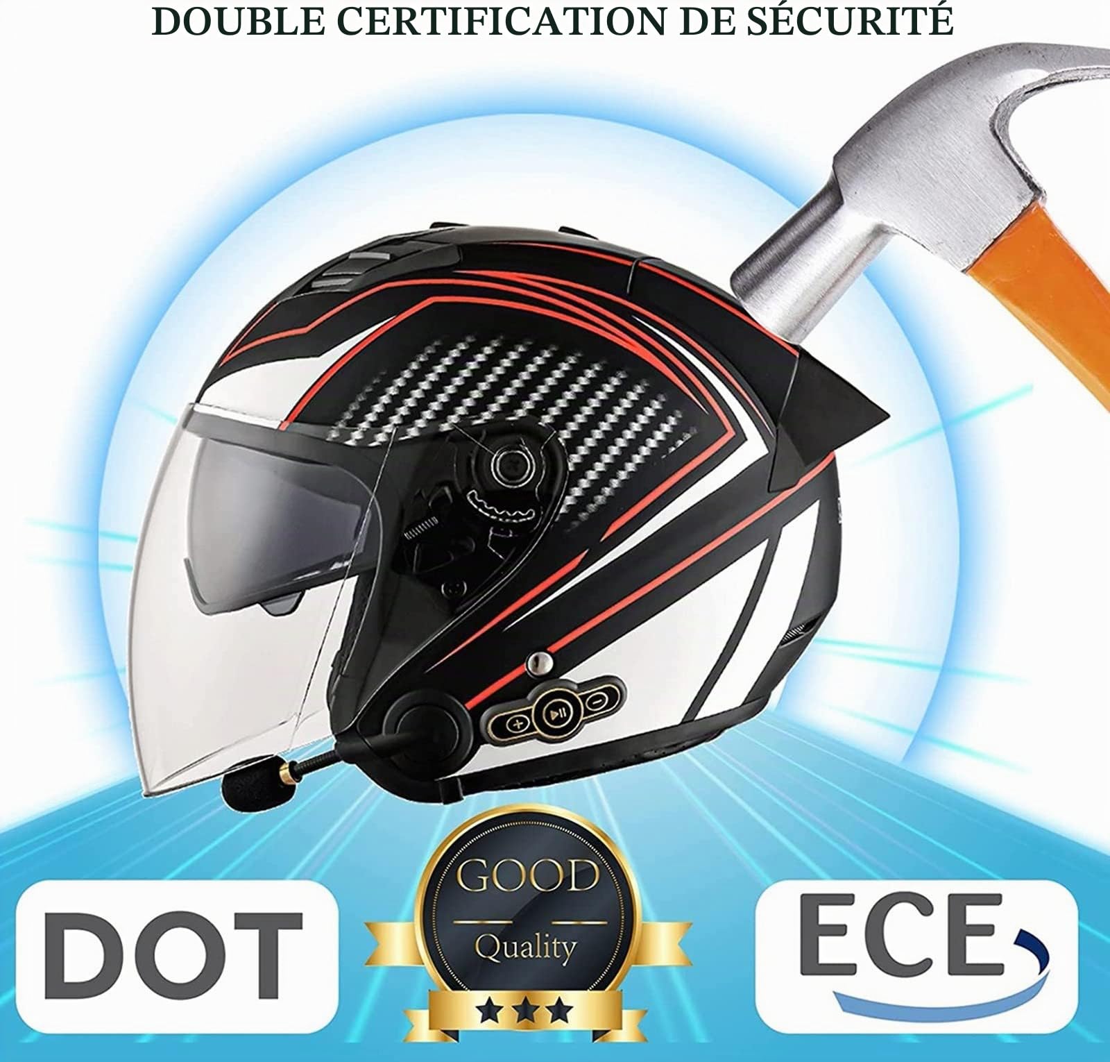 Casque Moto Jet Bluetooth Microphone Intégré, Casque Moto Ouvert avec Certification ECE, Adultes Unisex Motocyclette Électrique 3/4 Demi Casque, pour mobylette Scooter