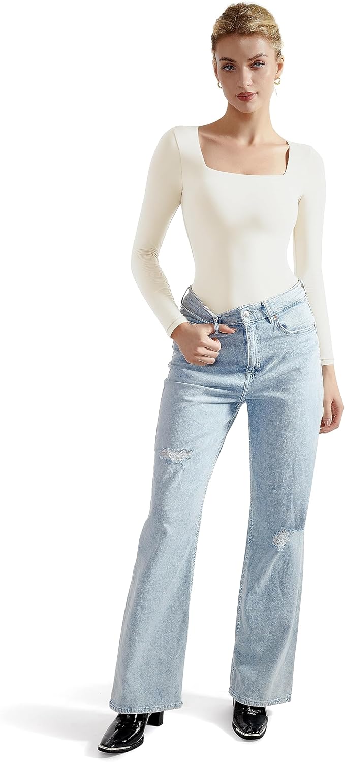 SUUKSESS Women Square Neck Long Sleeve Bodysuit Sexy Thong Bodysuit Shirts