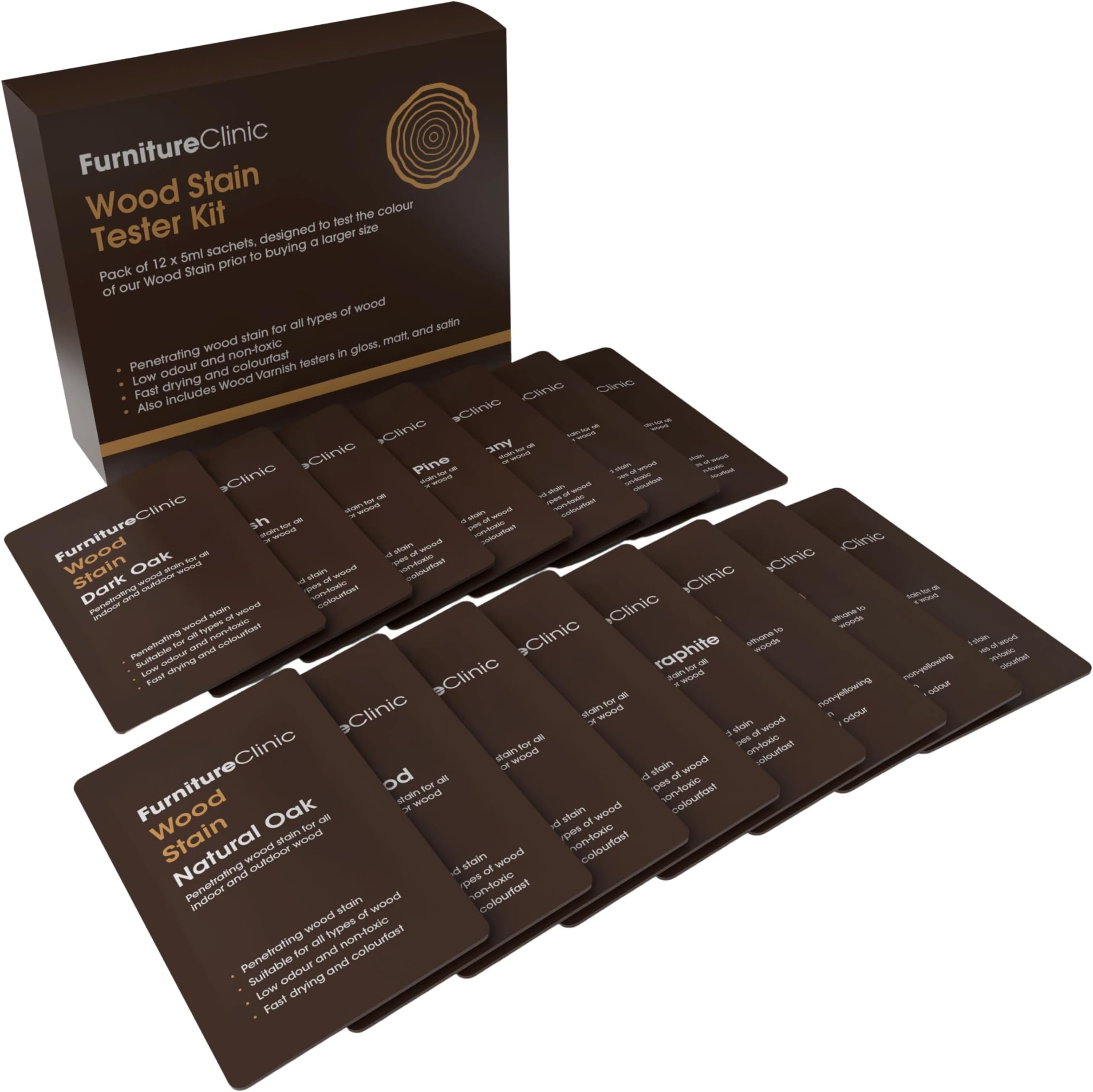 Furniture Clinic Wood Stain (Tester Kit) – Fast Drying, Highly Concentrated, And Easy-To-Apply For All Indoor & Outdoor Water Based Non-Toxic 9 X 15Ml