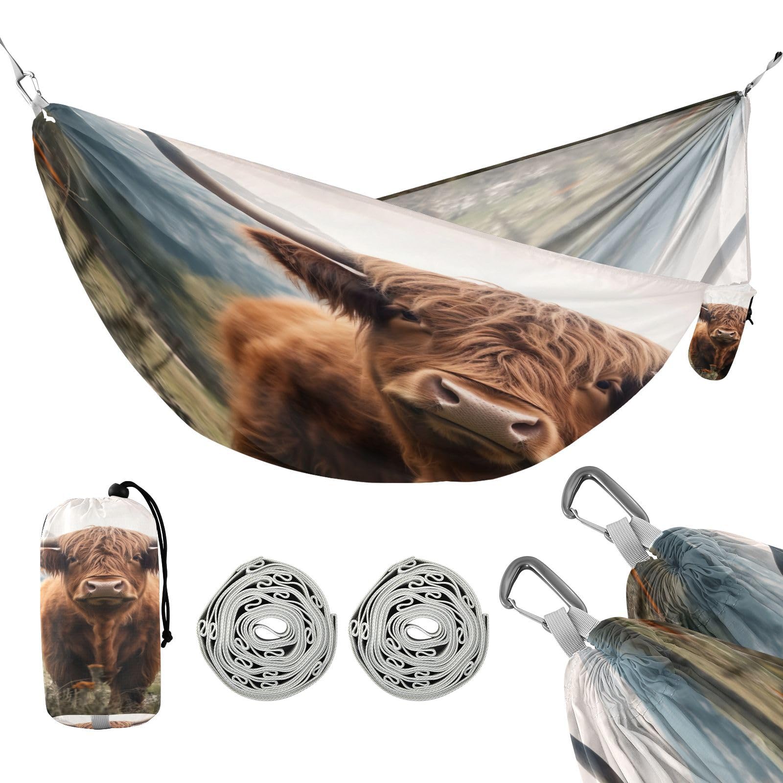 Haskirky Highland Cows Camping Hammock, Single Portable Hammocks with Tree Straps & Attached Carry Bag, 330Lbs Capacity Perfect for Outside Indoor Hiking Beach Backpack Travel