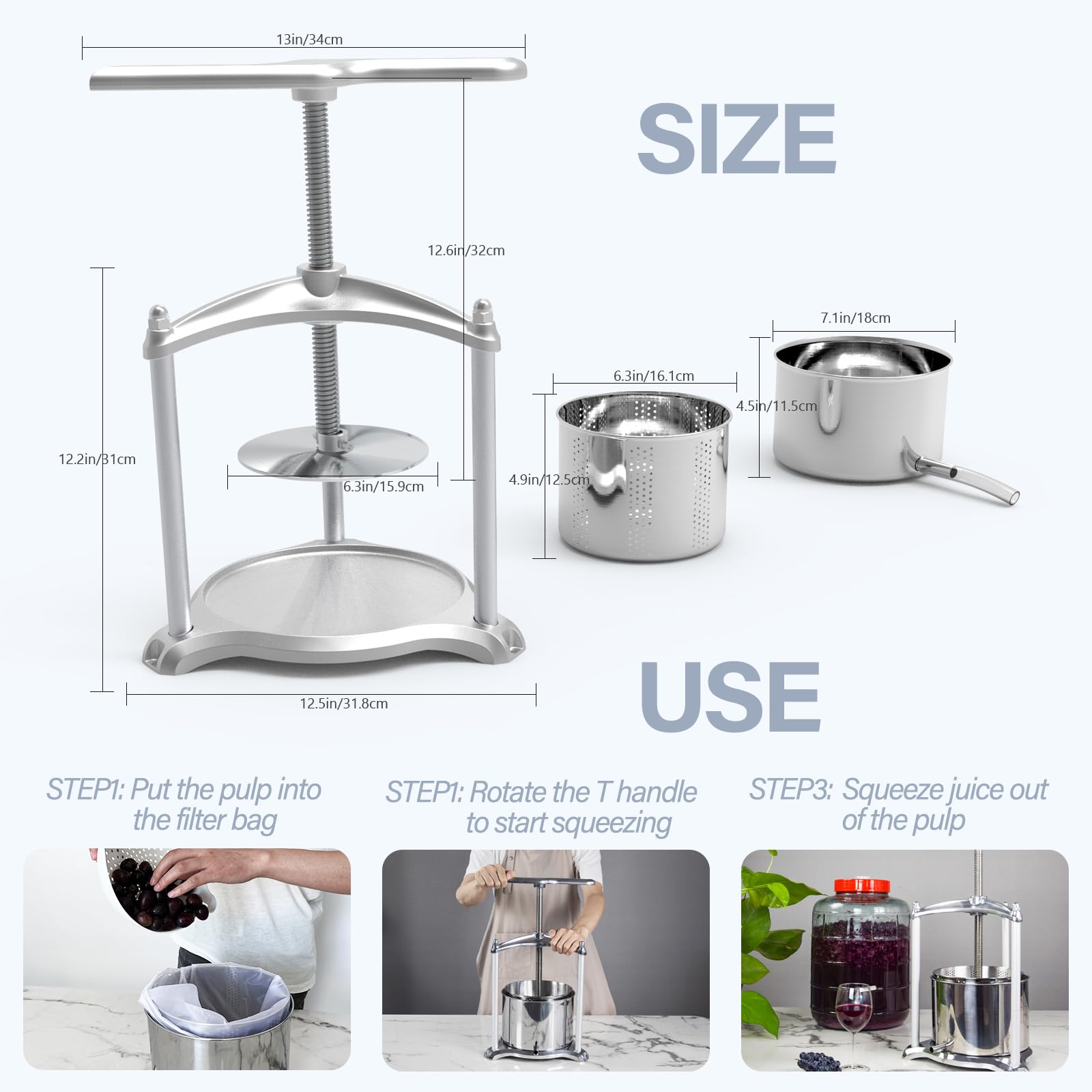 Presse à Fruits Manuelle En Acier Inoxydable 6L - Pour Fruits Mous, Raisins, Légumes, Fabrication De Jus, Fromage, Huile, Teintures