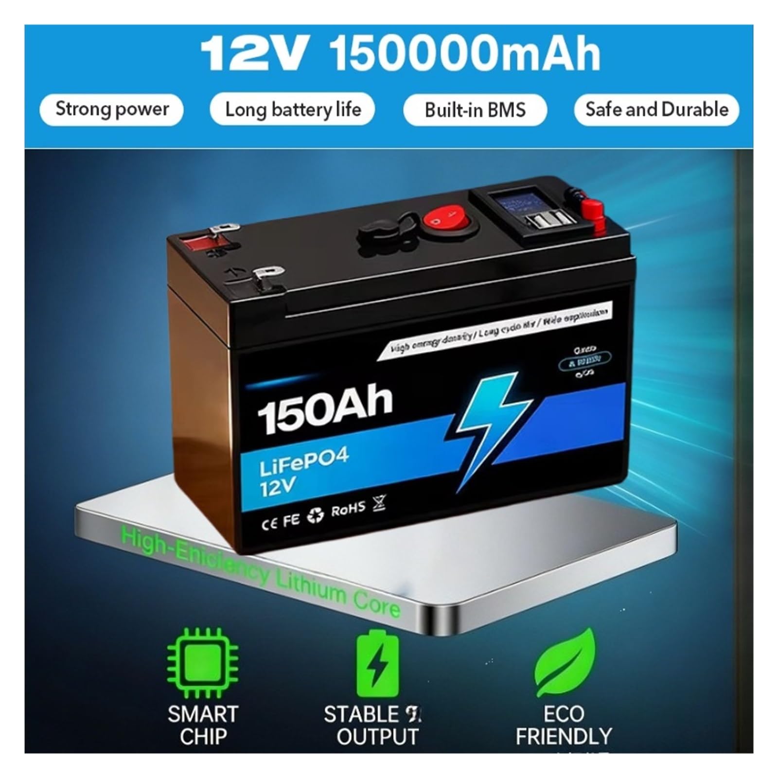 Batteria Al Litio Ricaricabile 12V 150Ah LiFePO4 BMS Integrato | For cavalcare giocattoli Pannelli solari Ecoscandagli Ruote elettriche(100Ah charger)