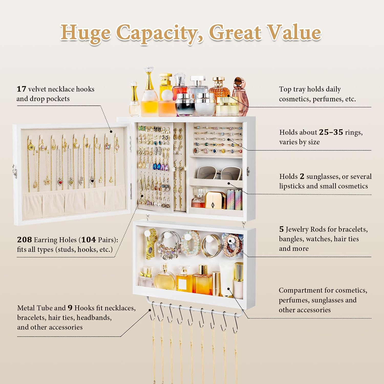 Wall Mounted Jewelry Organizer Box, 2-in-1 Jewelry Cabinet with Mirror