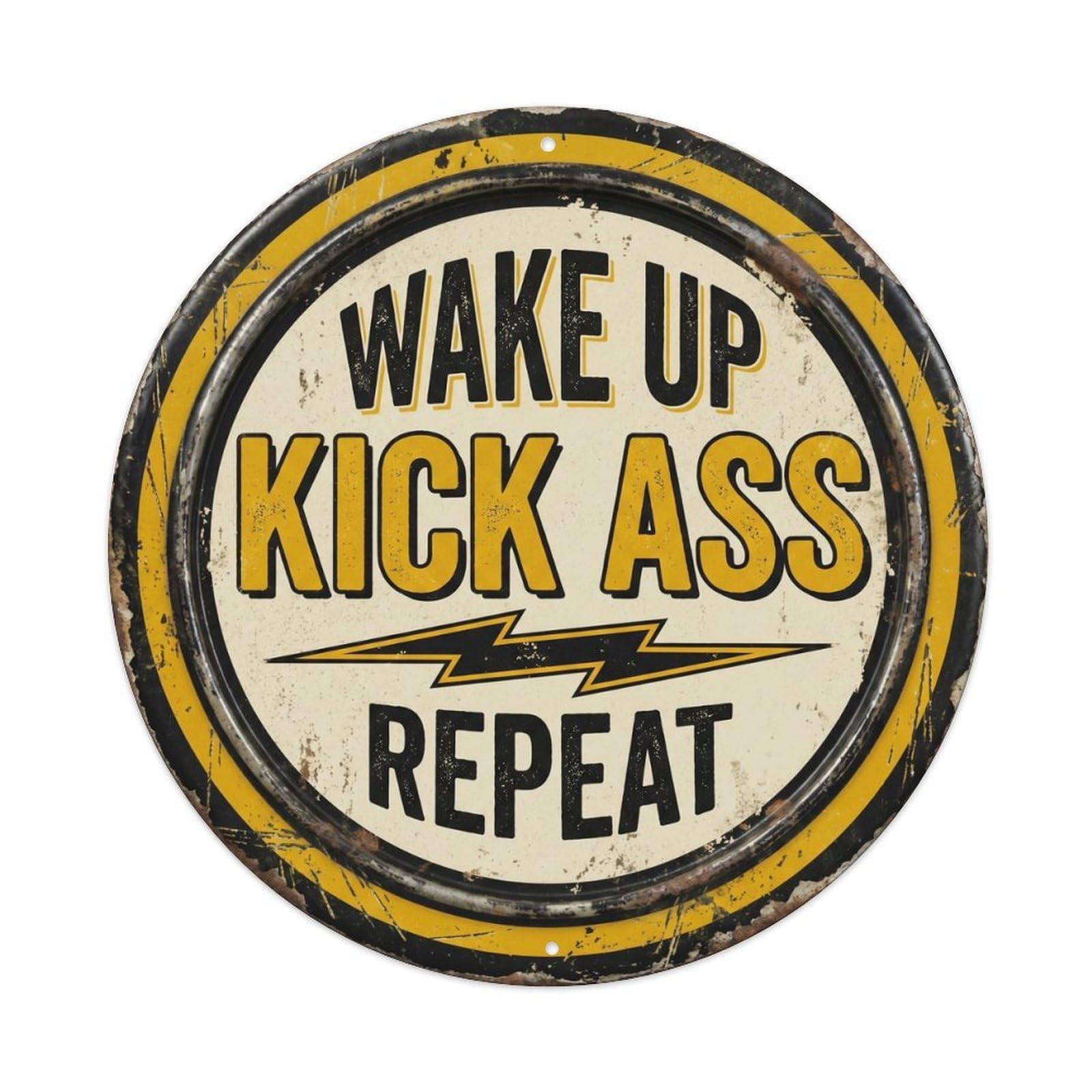 Wake Up Kick Ass Repeat Classic Workshop Ornament Retro Slogans Vintage Metal Tin Sign Plaque Wall Decor for Cafe, Club Bar, Office, Garden Metal Poster 8x8Inch