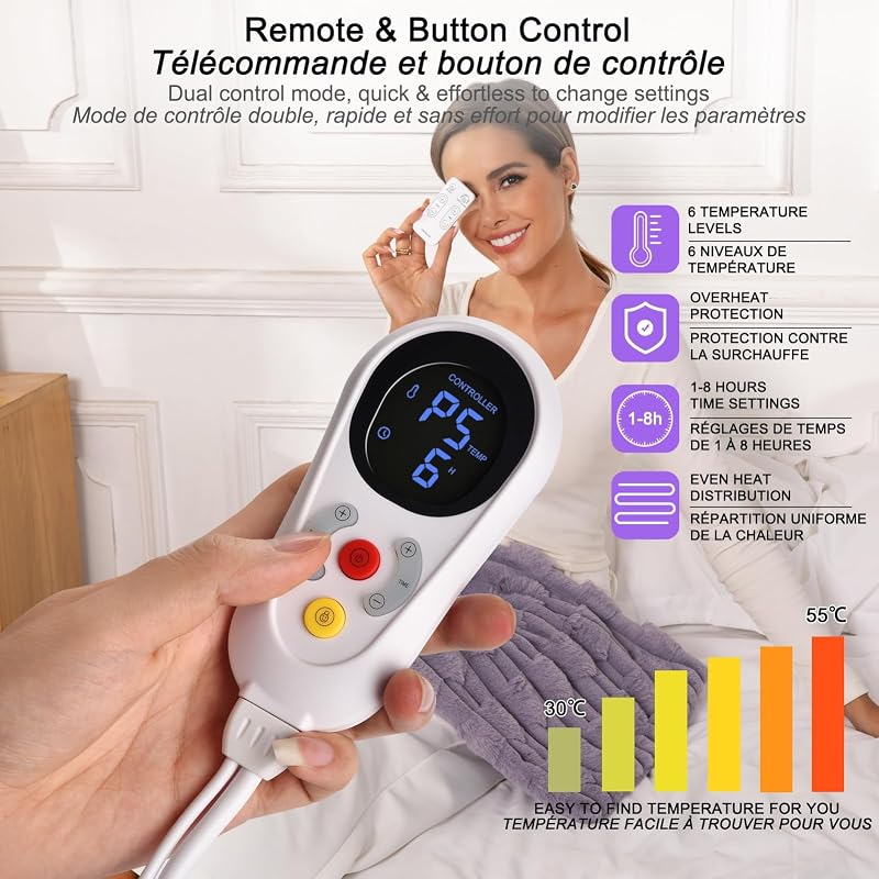 GOBRILLFUN Elektromos Melegítőpárna Távirányítóval, 40x80 cm, Lila - 6 Hőfokozat, 5 Időzítő, Gyerekzár, Automatikus Kikapcsolás, Hátfájásra