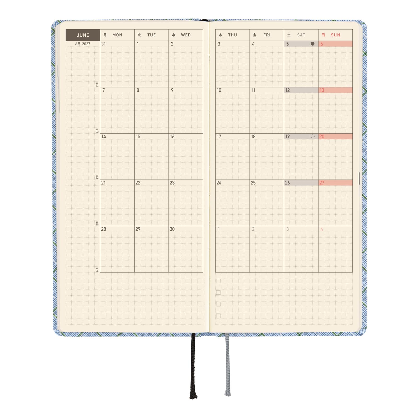 Hobonichi Techo 2027 Weeks – Shirt Fabric: Graph Plaid (English, Tall & Slim, January Start)