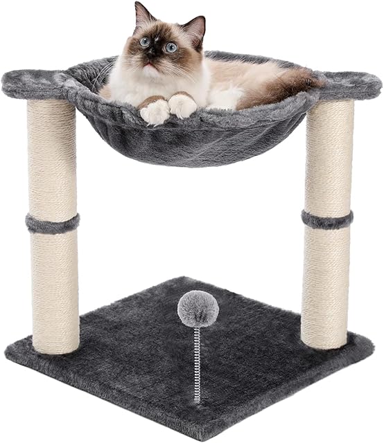 Amazon Brand  Umi Cat Tree Tower with Hammock,Cat Scratching Posts for Indoor Cats, Ball with Spring 15.9*15.9*17.3 inches Grey