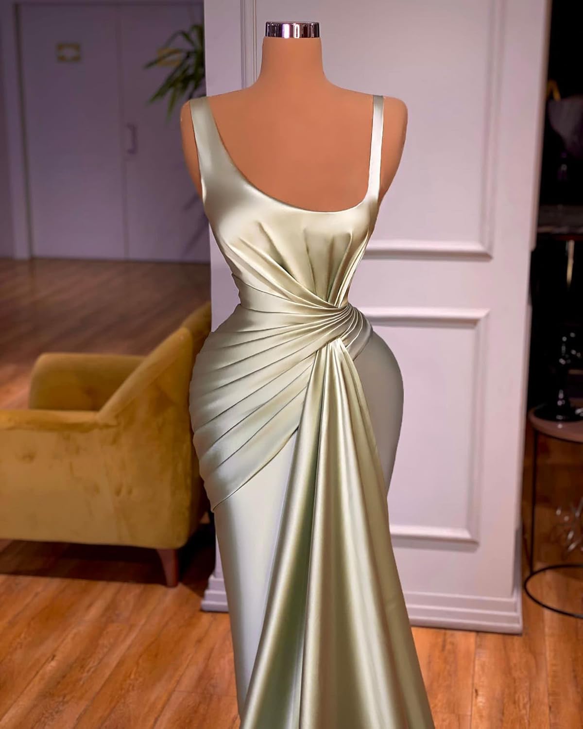 Spaghetti Strap Prom Dresses for Women Mermaid Satin Formal Evening Gowns with Train