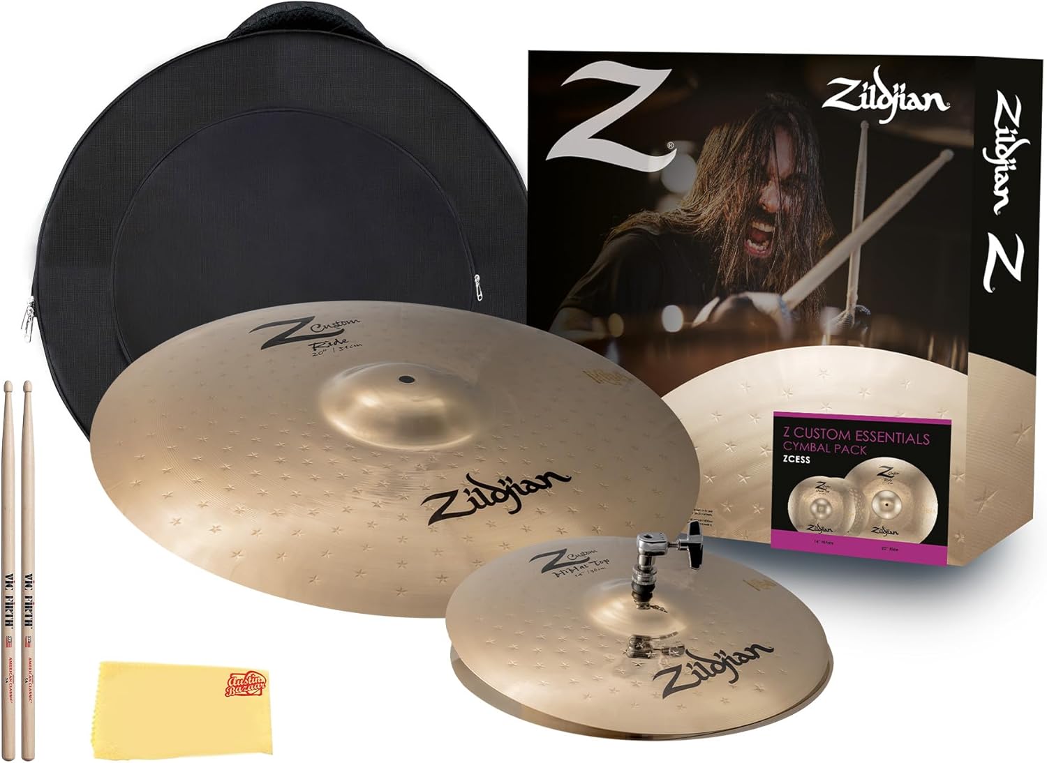 Zildjian ILHSTD I Family Standard Gig Cymbal Pack Bundle with Cymbal Bag, Drumsticks, and Austin Bazaar Polishing Cloth