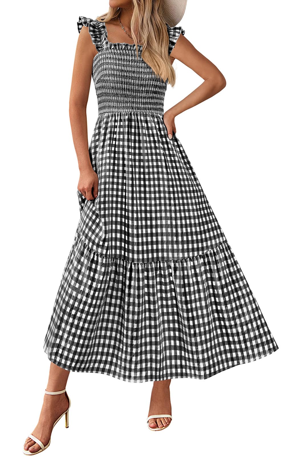 PRETTYGARDEN Womens Summer Dress Casual Square Neck Ruffle Strap Gingham Smocked Midi Flowy A Line Beach Vacation Sun Dresses
