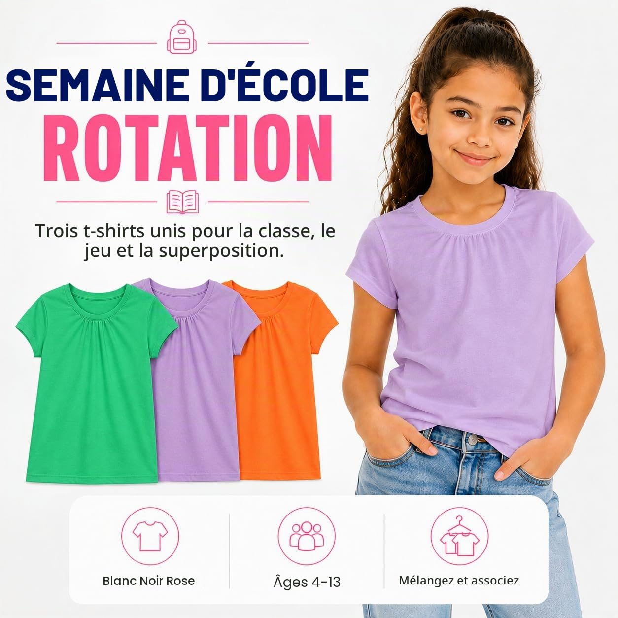 Bienzoe Fille Antimicrobien Séchage Rapide Manche Courte T-Shirt 3 pièces Pack