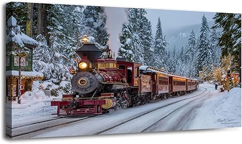 30"x 60" Canvas Wall Art Winter Train Snowy Forest Retro Christmas Snow Vintage Landscape Framed Pictures Painting Prints Large Wall Art for Living