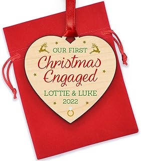 HEART Our First Christmas Engaged PERSONALISED Christmas Tree Decoration - Engagement Christmas Gifts for Fiance, Fiancee, Engaged Couples Keepsake - Printed Wood Christmas Tree Ornament