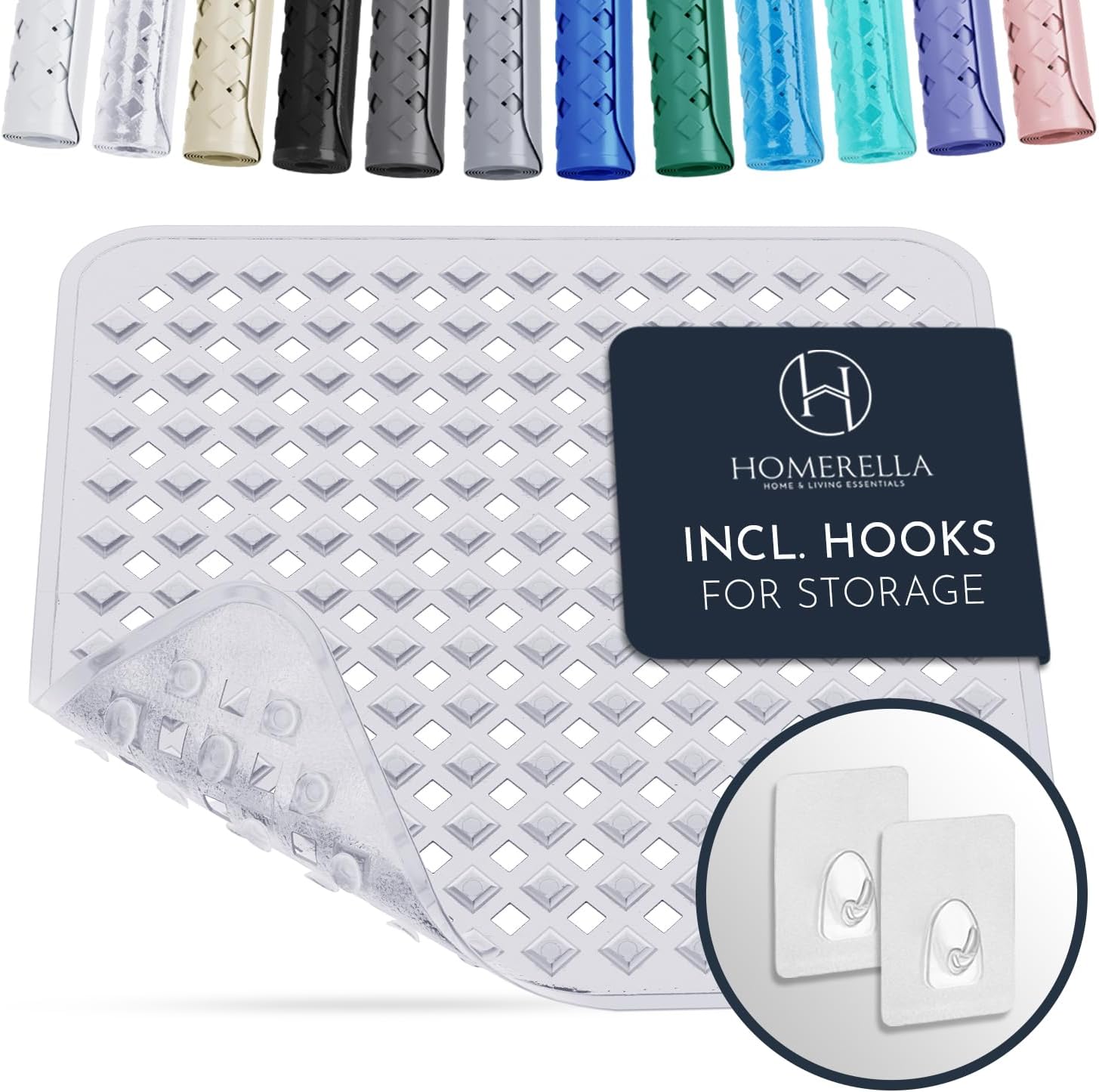 Homerella 1pc 34.5 x 15.5 inches Anti-Slip Bathtub Mat and 1pc 21 x 21 inches Non Slip Shower Mat, Machine Washable, INCL. Hooks for Hanging (Clear)