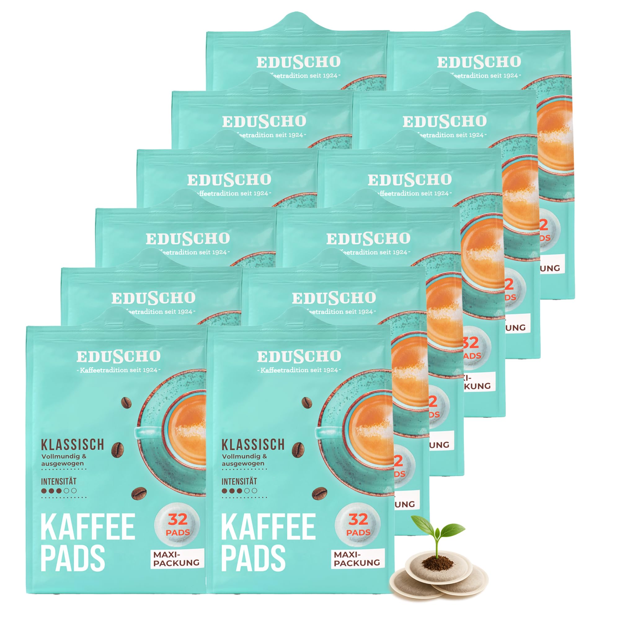 Eduscho Kaffeepads Vorratspack Maxi Packung, Klassisch, 384 Pads – 12 x 32 Pads, vollmundig & ausgewogen, für alle Pad Maschinen, industriell kompostierbar