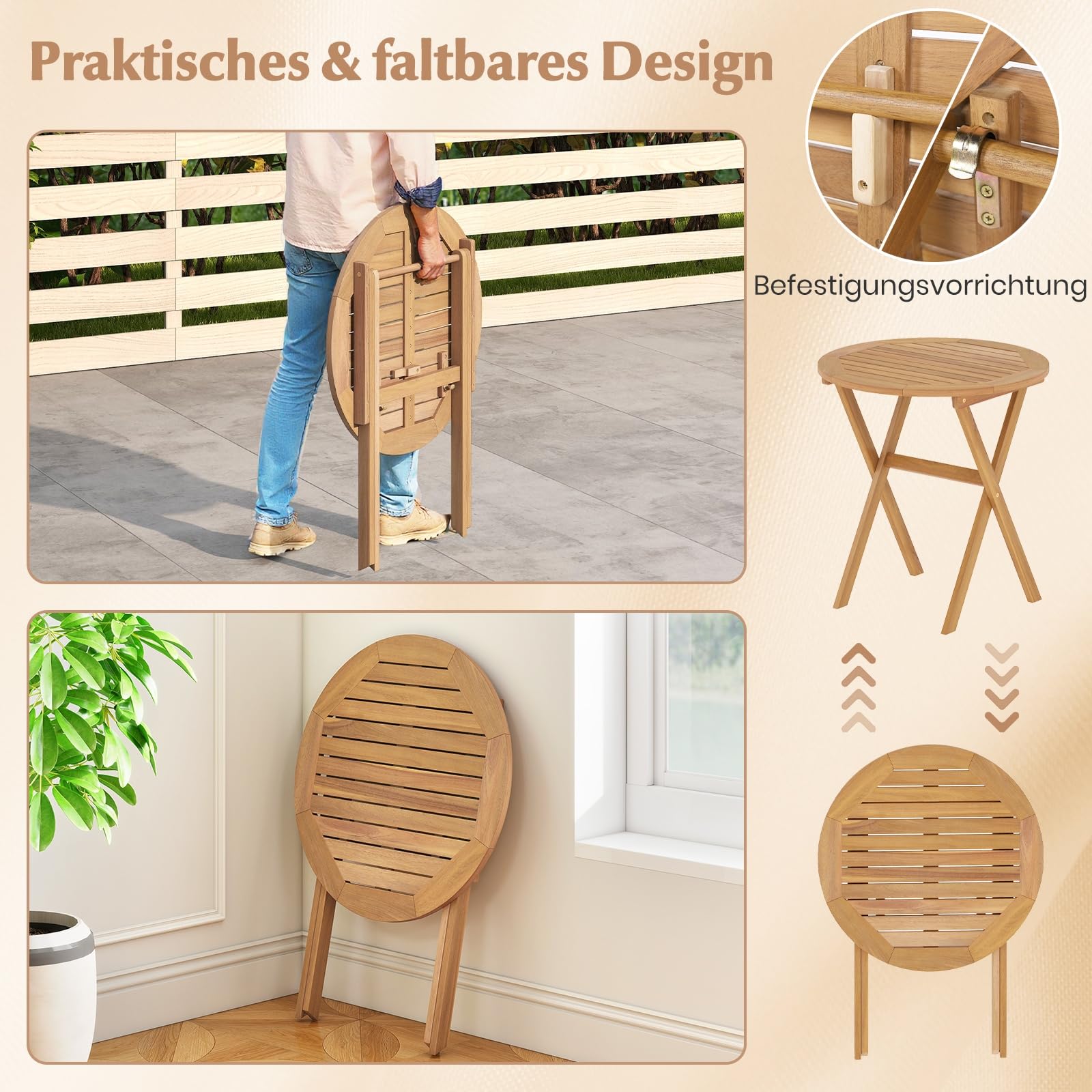 GIANTEX Tavolo rotondo pieghevole in legno di Acacia, tavolo da giardino rotondo, vassoio per doghe struttura a X, barre trasversali rinforzate, chiusura e 2 ganci, per balcone, terrazza, campeggio