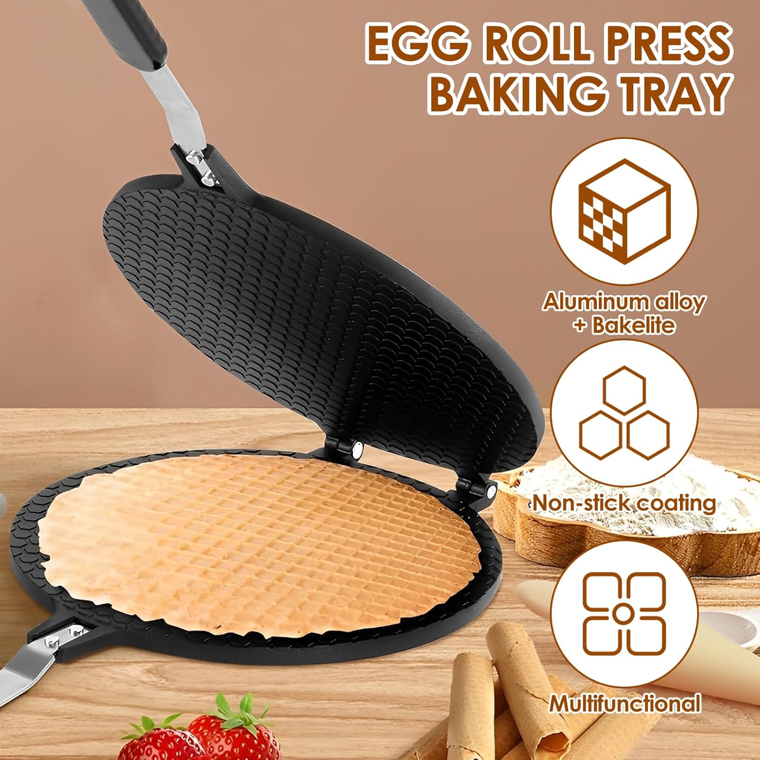 Egg Roll Pan Non Stick Double Sided Egg Roll Maker Aluminium Alloy Waffle Cone Maker with Bakelite Handle Multipurpose Pancake Maker Baking Pan for Home Kitchen Restaurant(Style 1)