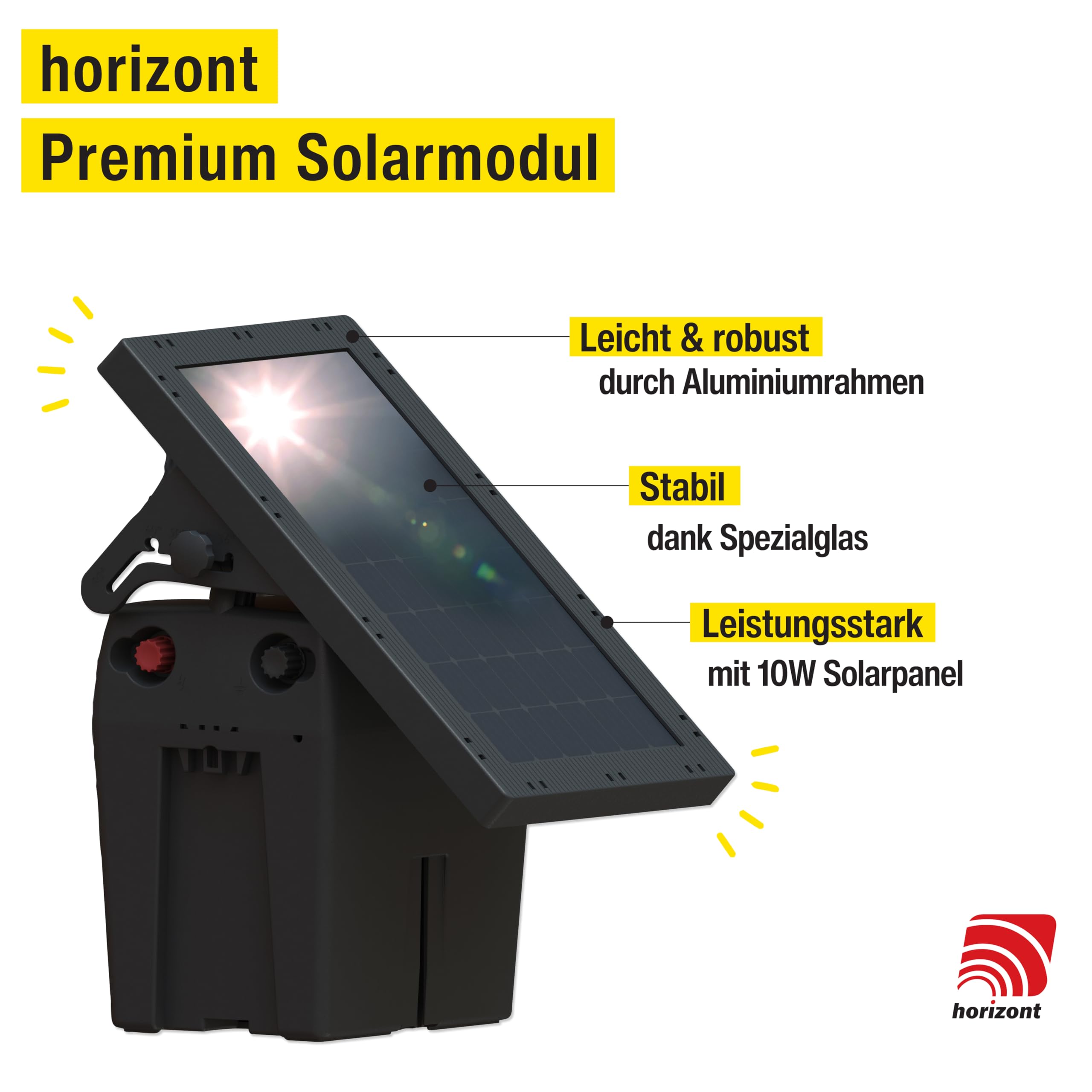 horizont shockstar S70 Solar-Weidezaungerät 12 V bis 12km, inkl 12 Ah Akku | 10W Solarpanel, 11.500 V maximale Spannung, mit 3 stufiger LED-Anzeige, Elektrozaungerät für Weidezaun