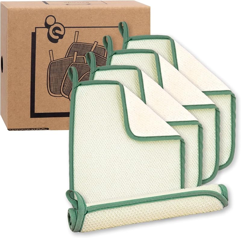 myHomeBody Bucha de Banho com Dupla Textura Branca com Borda Verde, Pacote com 5