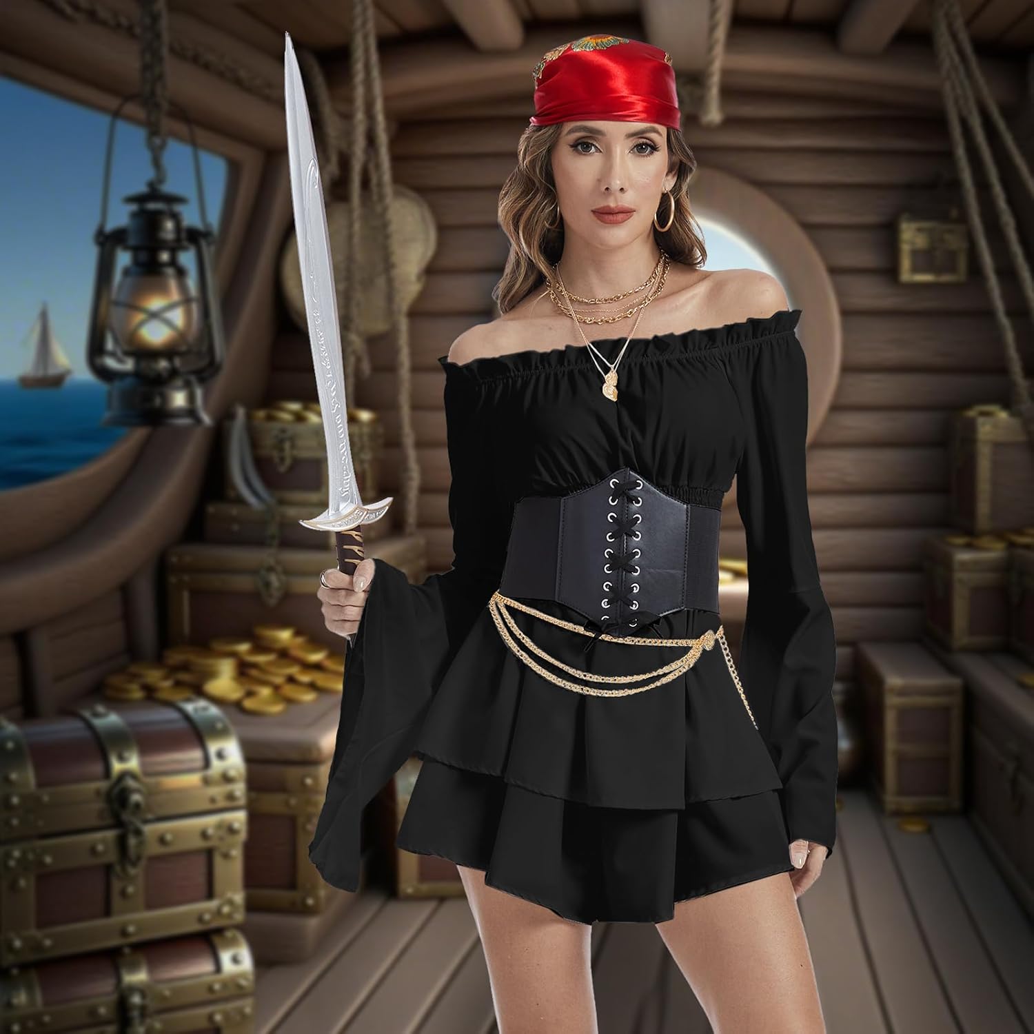 Pirate Costume Women Medieval Viking Pirate Dress Head Scarf Sash ChainNecklace Party Outfit Accessories - Image 2