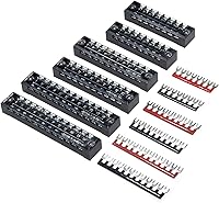 Vista 15 de MILAPEAK Bloque de terminales y tira – 5 bloques de terminales de tornillo de doble fila de 12 posiciones de 600 V 15 A con cubierta + 10 tiras
