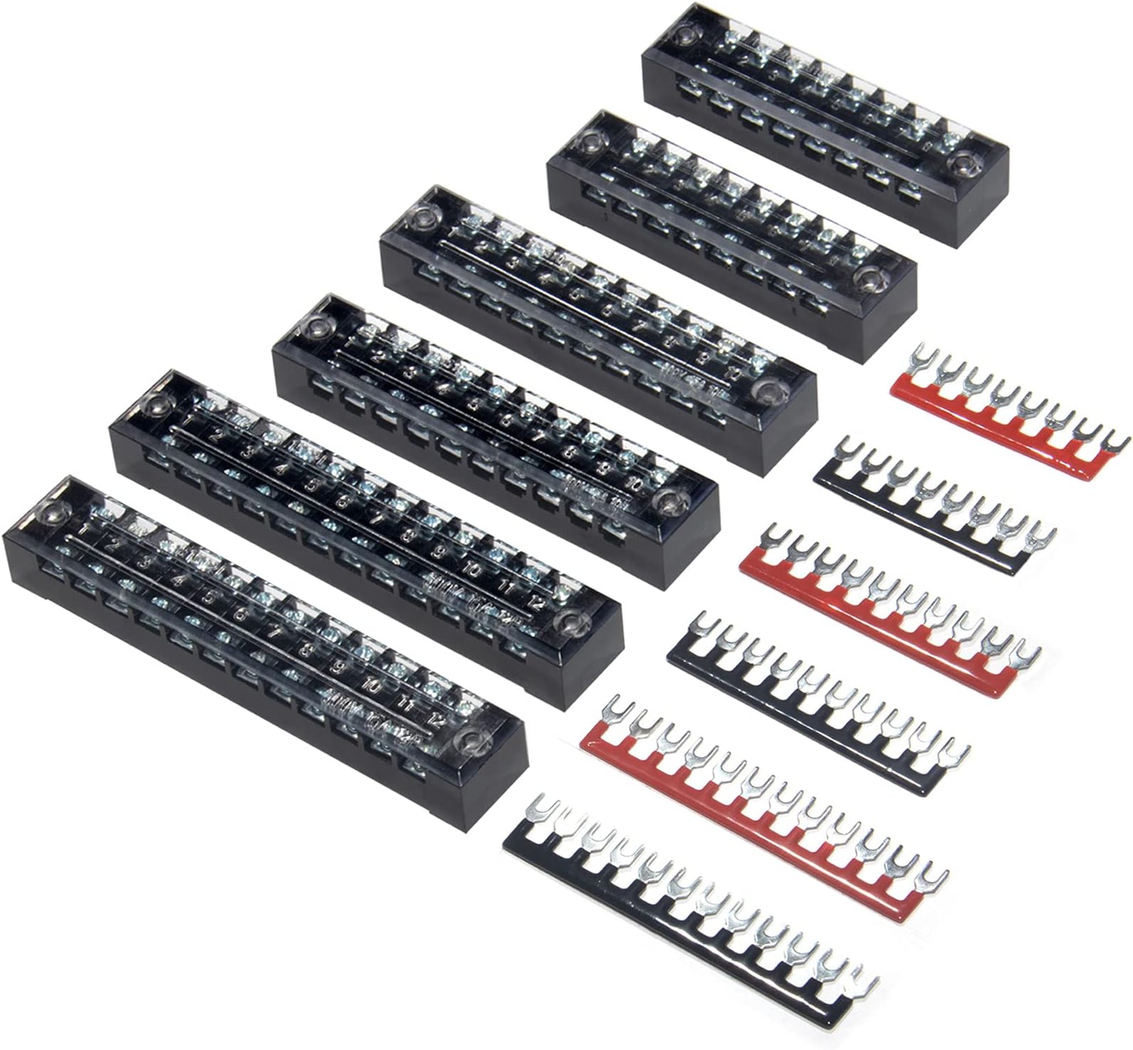 MILAPEAK Terminal Block and Strip - 6 Sets 8/10/12 Positions 600V 15A Dual Row Wire Screw Terminal Strip Block with Cover + 400V 15A Pre-Insulated Terminals Barrier Strips Jumpers (Black & Red)