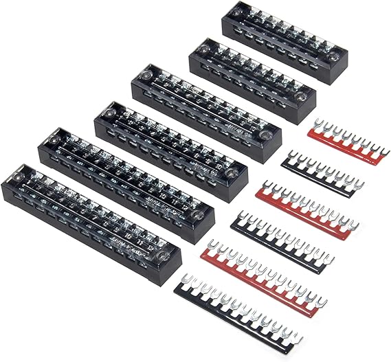 MILAPEAK Terminal Block and Strip - 6 Sets 8/10/12 Positions 600V 15A Dual Row Wire Screw Terminal Strip Block with Cover + 400V 15A Pre-Insulated Terminals Barrier Strips Jumpers (Black & Red)