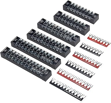 MILAPEAK Terminal Block and Strip - 6 Sets 8/10/12 Positions 600V 15A Dual Row Wire Screw Terminal Strip Block with Cover + 400V 15A Pre-Insulated Terminals Barrier Strips Jumpers (Black & Red)